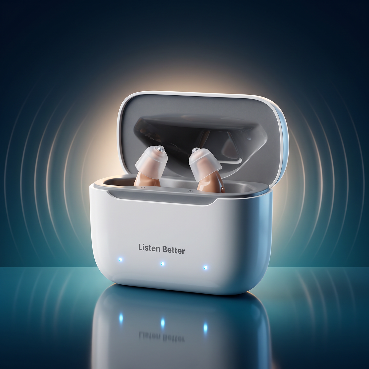 Aparelho auditivo recarregável Listen Better 4 Pro no estojo carregador aberto
